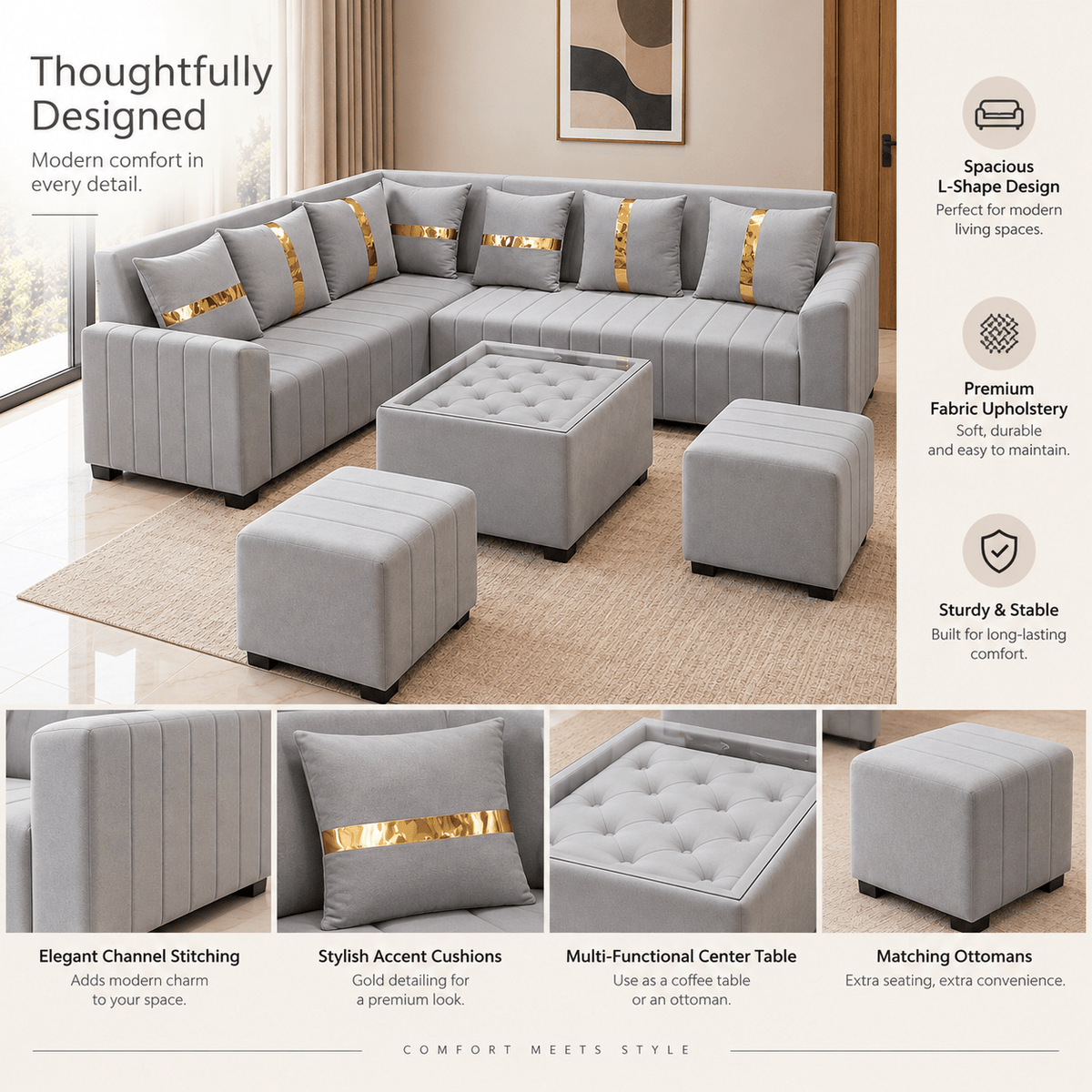 Lavise Fluted L-Shape Corner Sofa - Lavise