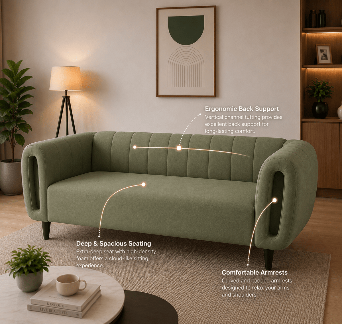 Lavise Curved Channel 3 Seater Sofa - Lavise