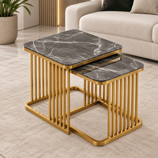 Lavise Luxe Black Marble Nested Tea Table Set with Square Golden Frame - Lavise