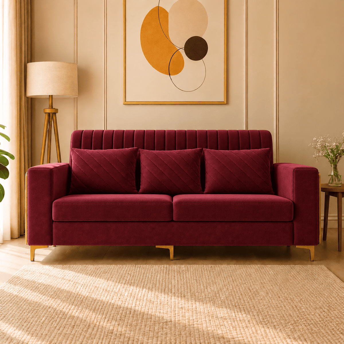 Lavise Velora Modern 3 Seater Sofa with Gold Legs - Lavise