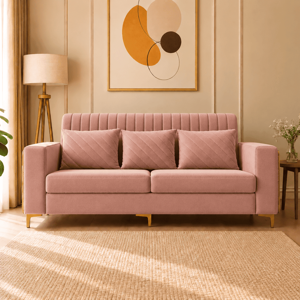 Lavise Velora Modern 3 Seater Sofa with Gold Legs - Lavise