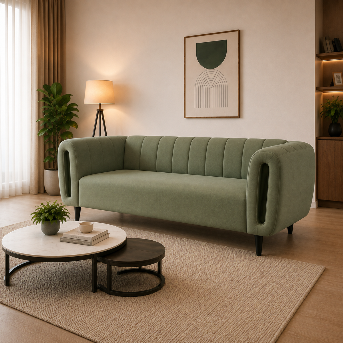 A modern sage green velvet sofa with channel tufting and integrated side cutouts, styled in a warm, contemporary living room with a beige rug, wooden coffee tables, and a floor lamp.