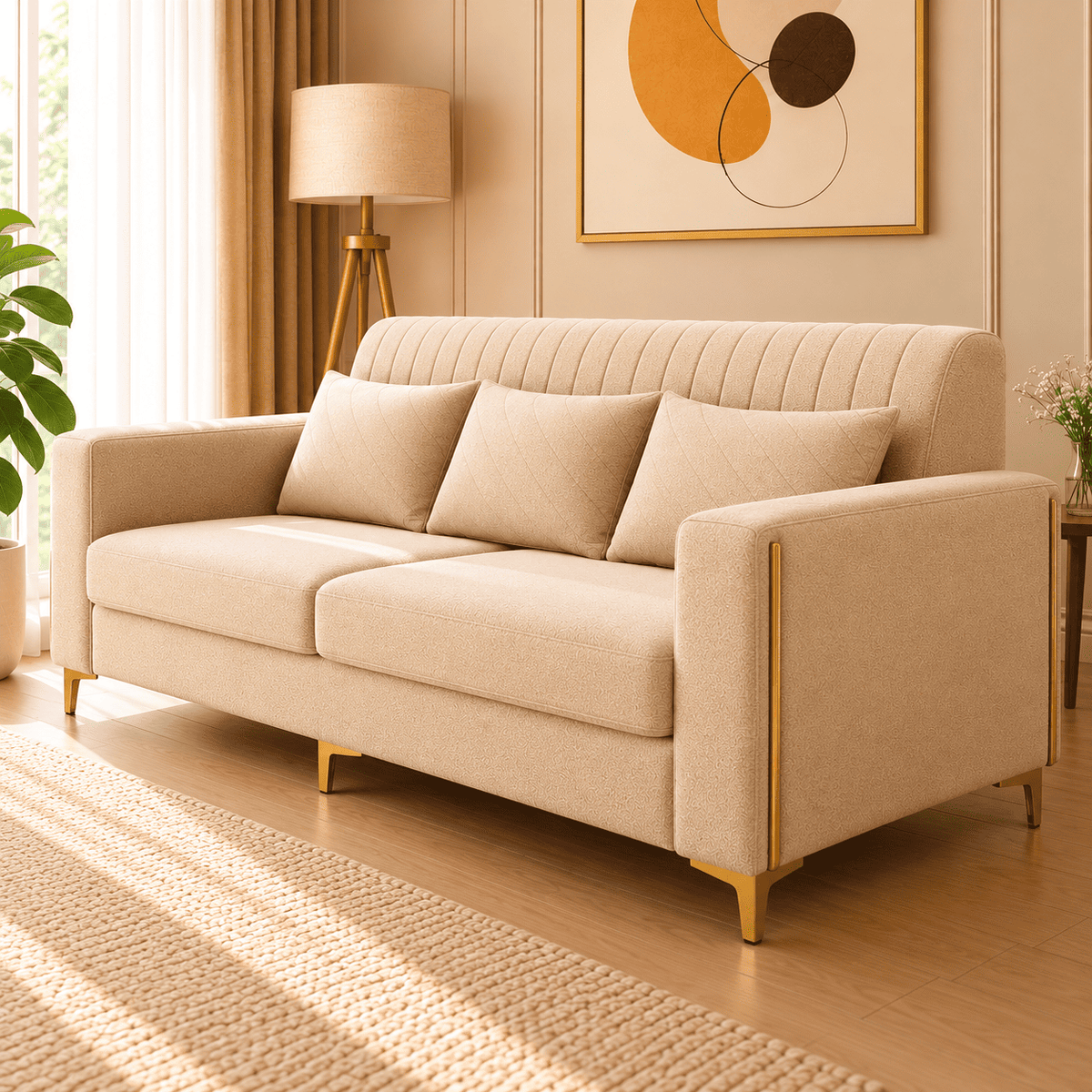 Lavise Velora Modern 3 Seater Sofa with Gold Legs - Lavise
