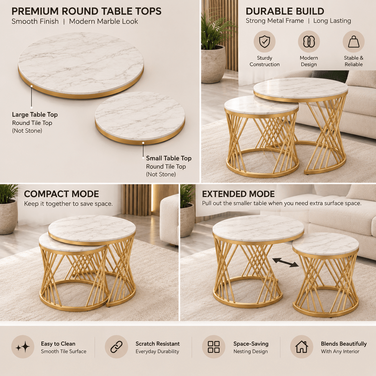 Lavise Luxe Nested Tea Table Set with Round Cross Golden Frame - Lavise