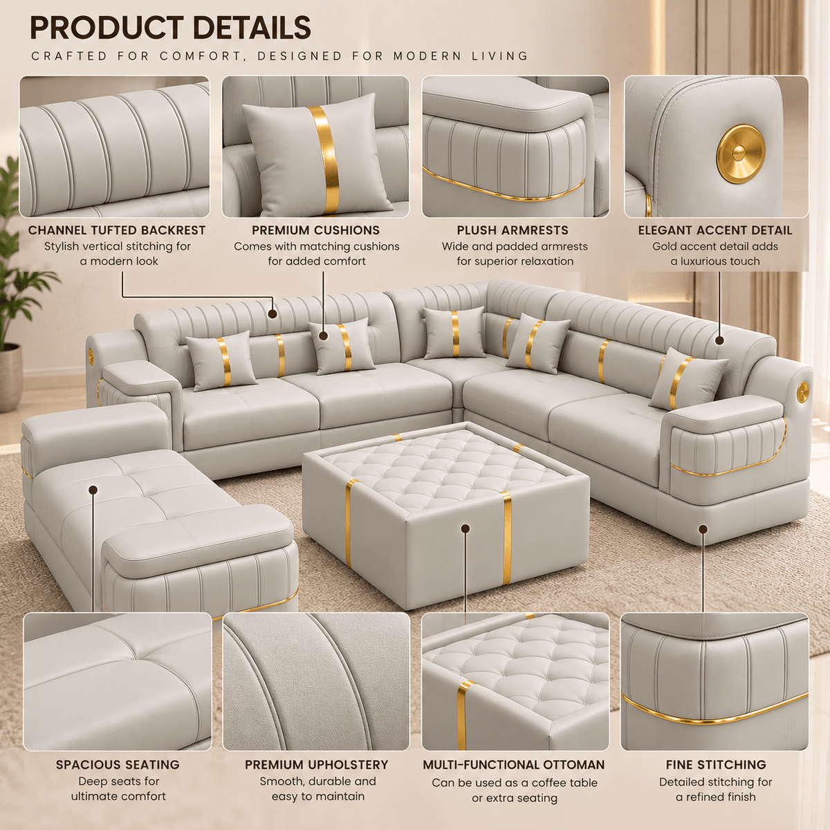 Lavise Imperial Grand Corner Sofa Set with Sofa Bench - Lavise