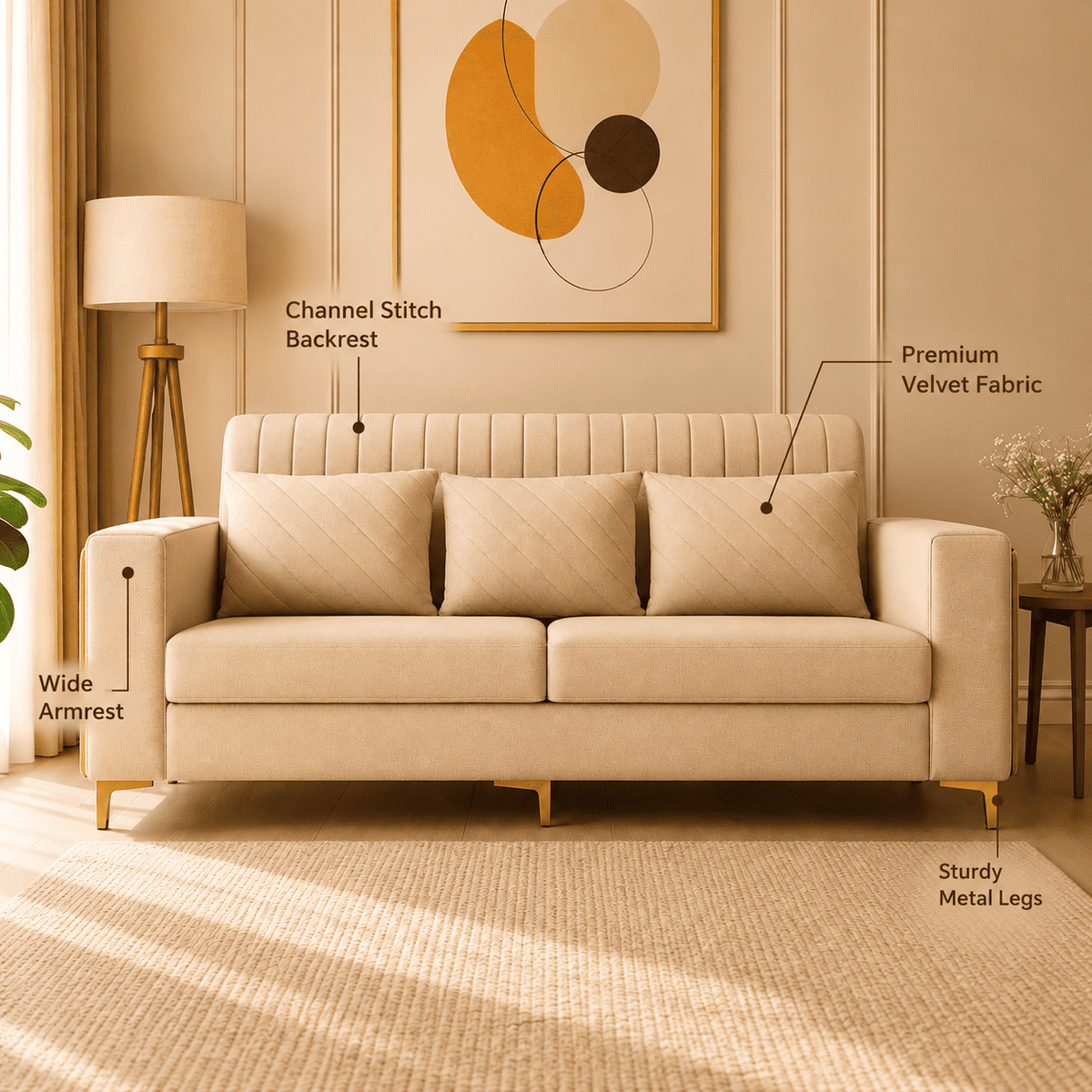 Lavise Velora Modern 3 Seater Sofa with Gold Legs - Lavise