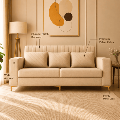 Lavise Velora Modern 3 Seater Sofa with Gold Legs - Lavise