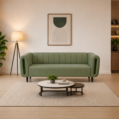 A modern sage green velvet loveseat sofa with vertical channel tufting and integrated side armrests, styled in a minimalist living room with a beige rug, round coffee tables, a floor lamp, and abstract wall art.