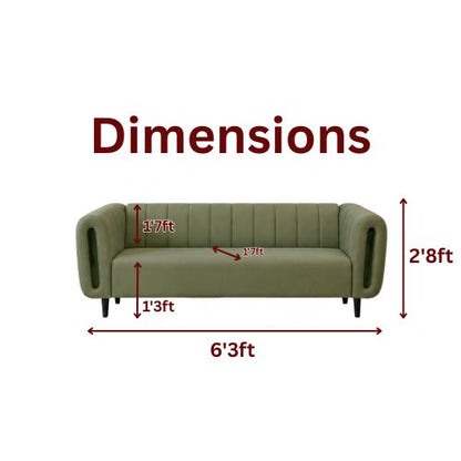 An olive green upholstered sofa shown on a white background with overlaid dimension arrows and labels indicating width 6'3ft, height 2'8ft, depth 1'3ft, and back cushion height 1'7ft under the heading 'Dimensions'.